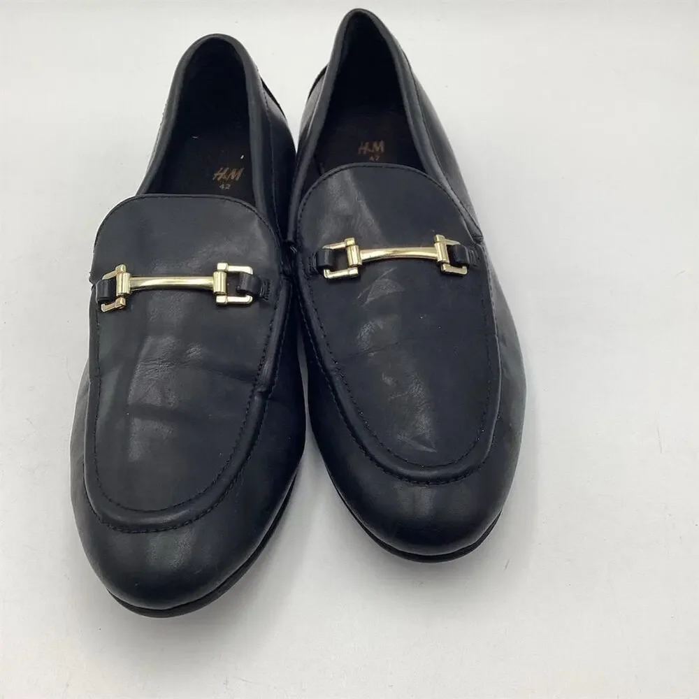 H&M Unisex Black Leather‎ Loafers Gold Accent Size 42